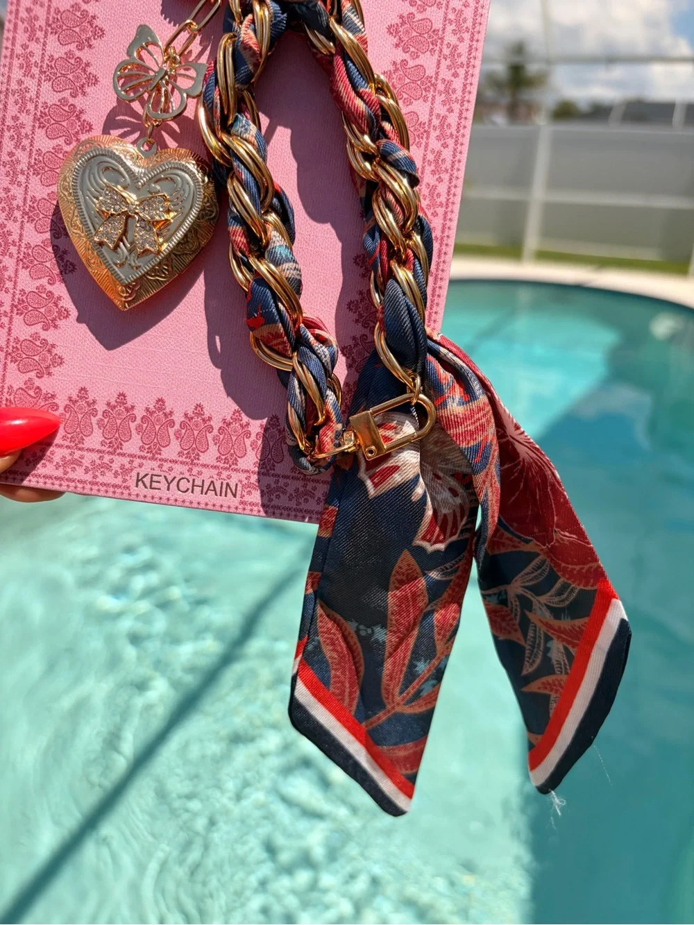 Braided scarf keychain with dangling Gold Heart Charm and butterflies-NIB